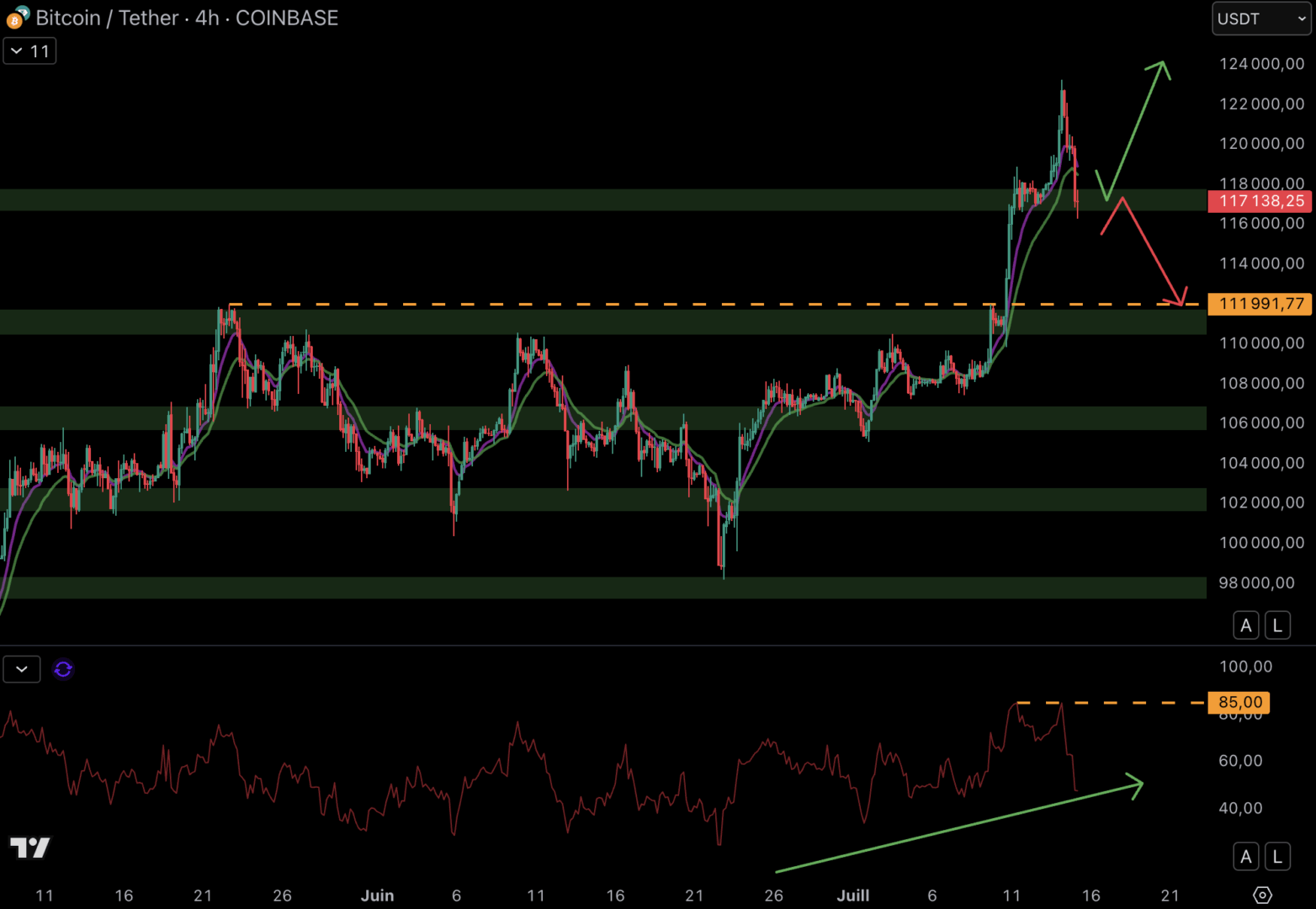 Le cours du Bitcoin doit rebondir autour des 117 000 $ - 15 juillet 2025.