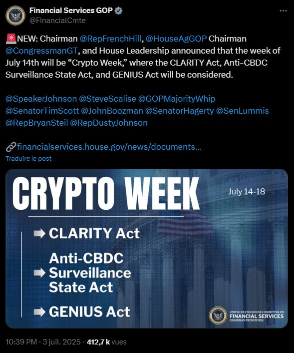 Alors que les vacances parlementaires approchent, les Républicains de la Chambre des représentants ont décidé d’accélérer le rythme et de se consacrer pendant une semaine entière à l’examen de trois projets de loi sur les cryptomonnaies. Il s’agit du GENIUS Act sur les stablecoins, du CLARITY Act sur la structure du marché crypto et de l’Anti-CBDC Surveillance State Act qui doit interdire les MNBC.