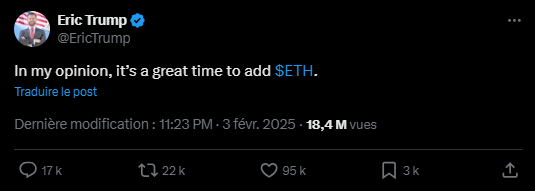 Si vous avez suivi les conseils d’Eric Trump sur Ethereum, vous êtes peut-être en train de sourire. En février dernier, le fils de l’ancien président américain avait déclaré que c’était « un bon moment pour acheter de l’ETH ». Après moultes rebondissements, et bien, il semble qu’il avait raison !