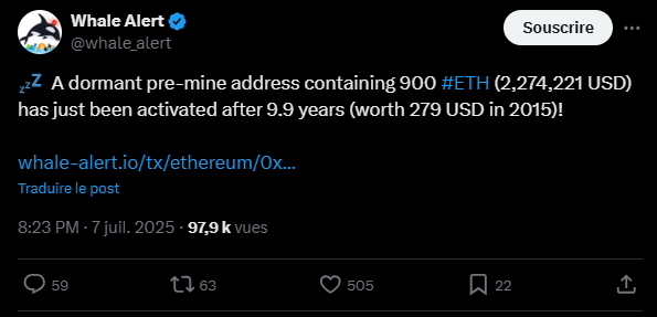 Le 6 juillet, deux portefeuilles Ethereum qui étaient inactifs depuis près de 10 ans ont donc été réactivés, déplaçant un total de 1 140 ETH, soit environ 2,9 millions de dollars.