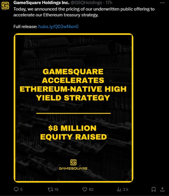 GameSquare, une entreprise cotée au Nasdaq, a annoncé le 8 juillet son intention d’investir 100 millions de dollars en Ethereum. La société prévoit d’utiliser les fonds pour acquérir des ETH et mettre en œuvre un plan axé sur le rendement via la plateforme Medici de Dialectic, visant des retours de 8 à 14%.