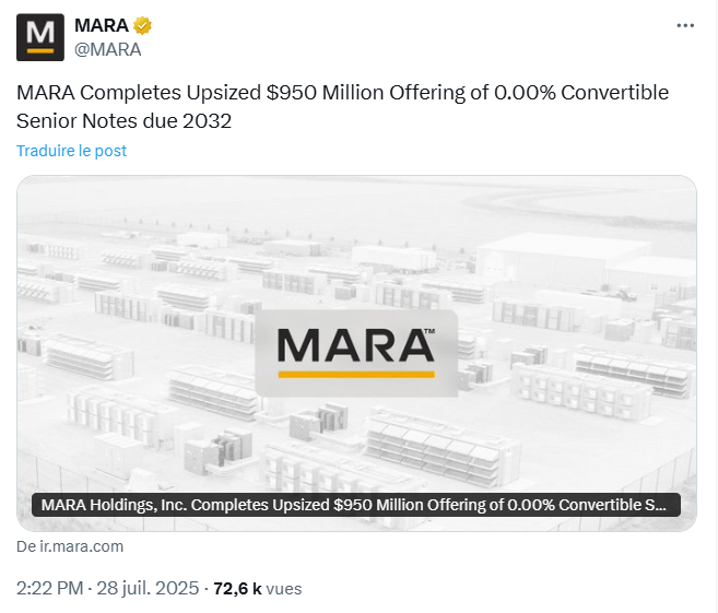 Le crypto-mineur MARA Holdings lève 950 millions de dollars pour acheter davantage de Bitcoin.