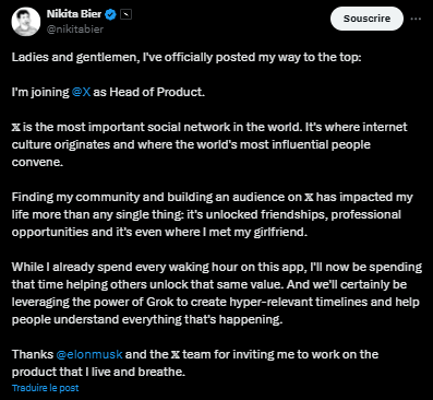 Lundi 20 octobre, Nikita Bier, un conseiller bien connu de Solana Labs et créateur d’applications, a annoncé qu’il rejoignait X en tant que Head of Product, alors que les spéculations sur les plans de X pour évoluer vers une plateforme de paiements se multiplient.