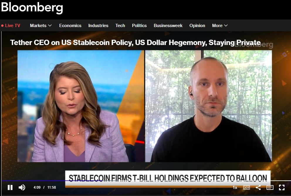 Dans une récente interview accordée à Bloomberg Television, Paolo Ardoino, le CEO de Tether, a déclaré que son entreprise était « en bonne voie » pour faire des affaires aux États-Unis, et ce, seulement une semaine après la signature du GENIUS Act sur les stablecoins par Donald Trump.