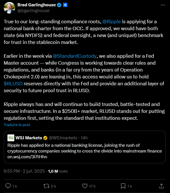 Après Circle qui a déposé sa demande en tout début de semaine, c’est donc au tour de Brad Garlinghouse d’annoncer la nouvelle sur les réseaux sociaux et d’expliquer qu’il s’agit là d’un « nouveau standard de confiance » pour le marché des stablecoins.