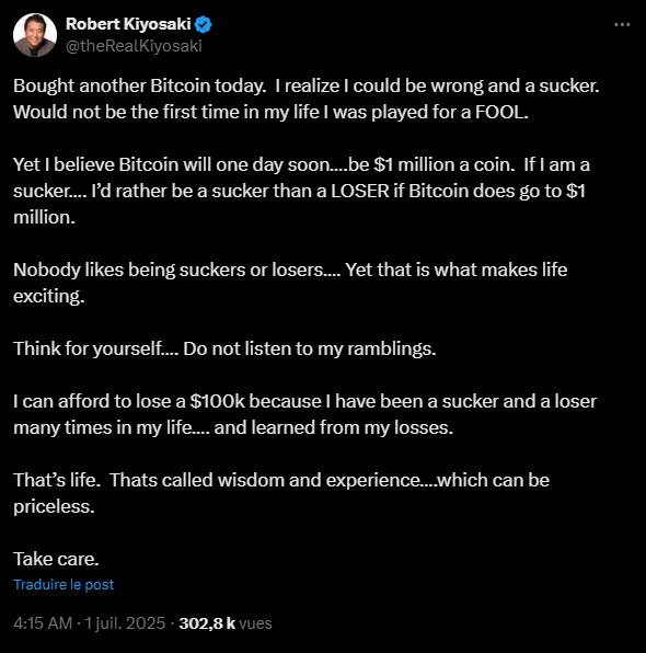 Fervent défenseur de Bitcoin, Robert Kiyosaki est aussi persuadé qu'il ira un jour à 1 million de dollars et c'est pour cela qu'il continue d'en acheter quelque soit son prix.