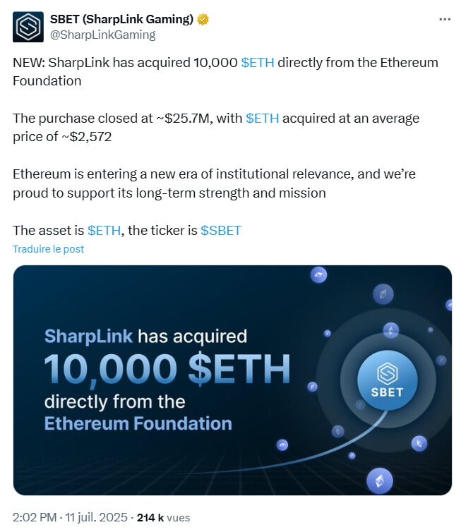 SharpLink Gaming investit dans 10 000 ETH auprès de la Fondation Ethereum