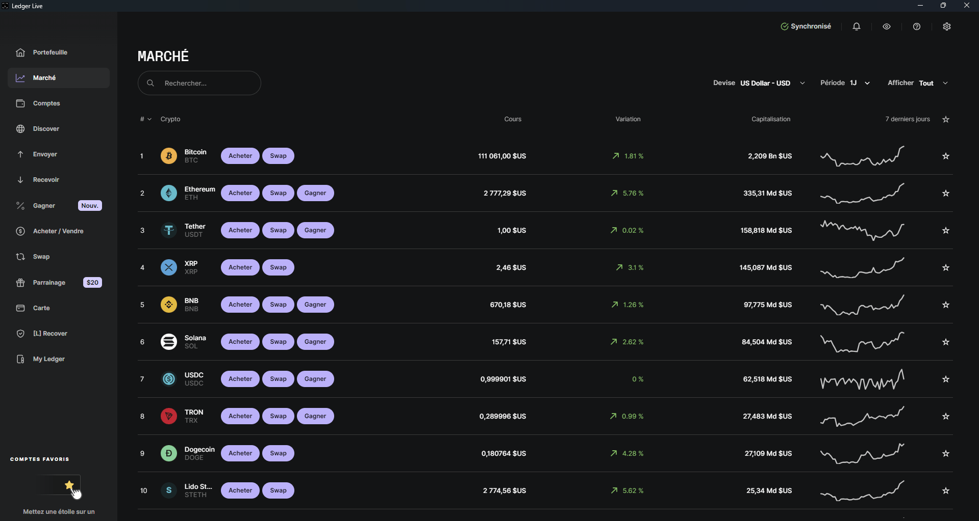 Onglet marché sur Ledger Live