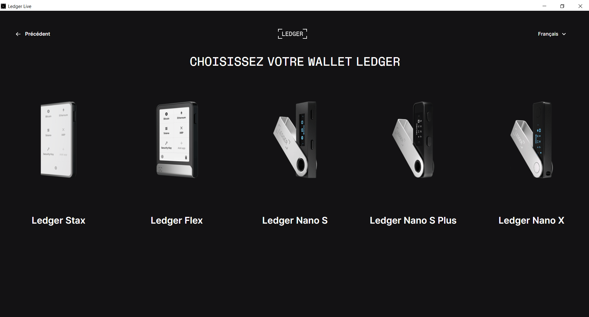 Sélection d'un appareil sur Ledger Live