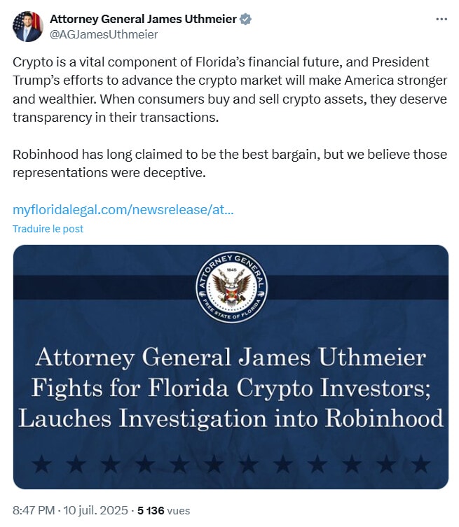 Le procureur général de Floride enquête sur une publicité jugée trompeuse de Robinhood sur ses frais cryptos.