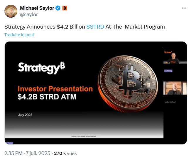 Strategy annonce une nouvelle émission d'actions pour acheter plus de Bitcoin.