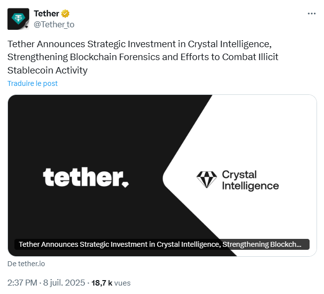 Tether investit dans Crystal Intelligence pour lutter contre les activités illicites.