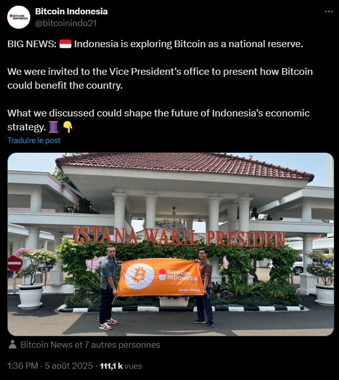 Les équipes de Bitcoin Indonesia affirment avoir été reçues par le vice-président pour parler Bitcoin, mining et éducation dans le pays.