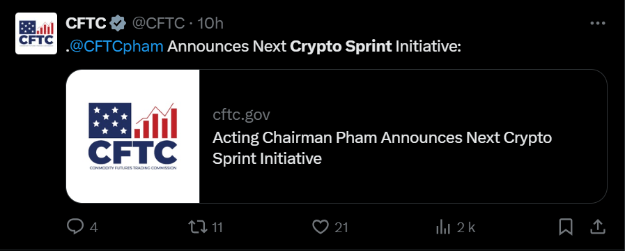 La Commodity Futures Trading Commission (CFTC) continue de travailler sur son initiative « Crypto Sprint », une série d’efforts réglementaires accélérés visant à mettre en œuvre les recommandations du groupe de travail présidentiel sur les marchés des actifs numériques.