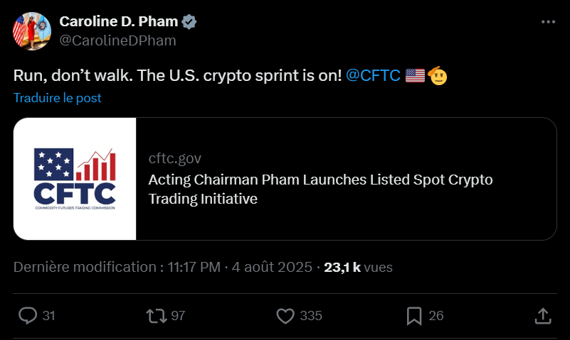 La CFTC a donc lancé une consultation publique pour permettre le trading des cryptomonnaies au comptant sur les bourses enregistrées auprès d’elle. L’objectif est de permettre aux investisseurs particuliers de négocier des contrats à terme sur la crypto sans avoir à passer par des plateformes non régulées.