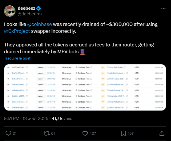 Coinbase a perdu environ 300 000 dollars en frais de jetons accumulés en raison d’une interaction mal configurée avec un contrat du projet 0x. Le chercheur en sécurité de Venn Network, Deeberiroz, a ainsi révélé que Coinbase avait interagi avec un contrat « swapper » pour l’échange décentralisé peer-to-peer 0x, qui n’était pas destiné aux approbations de jetons.