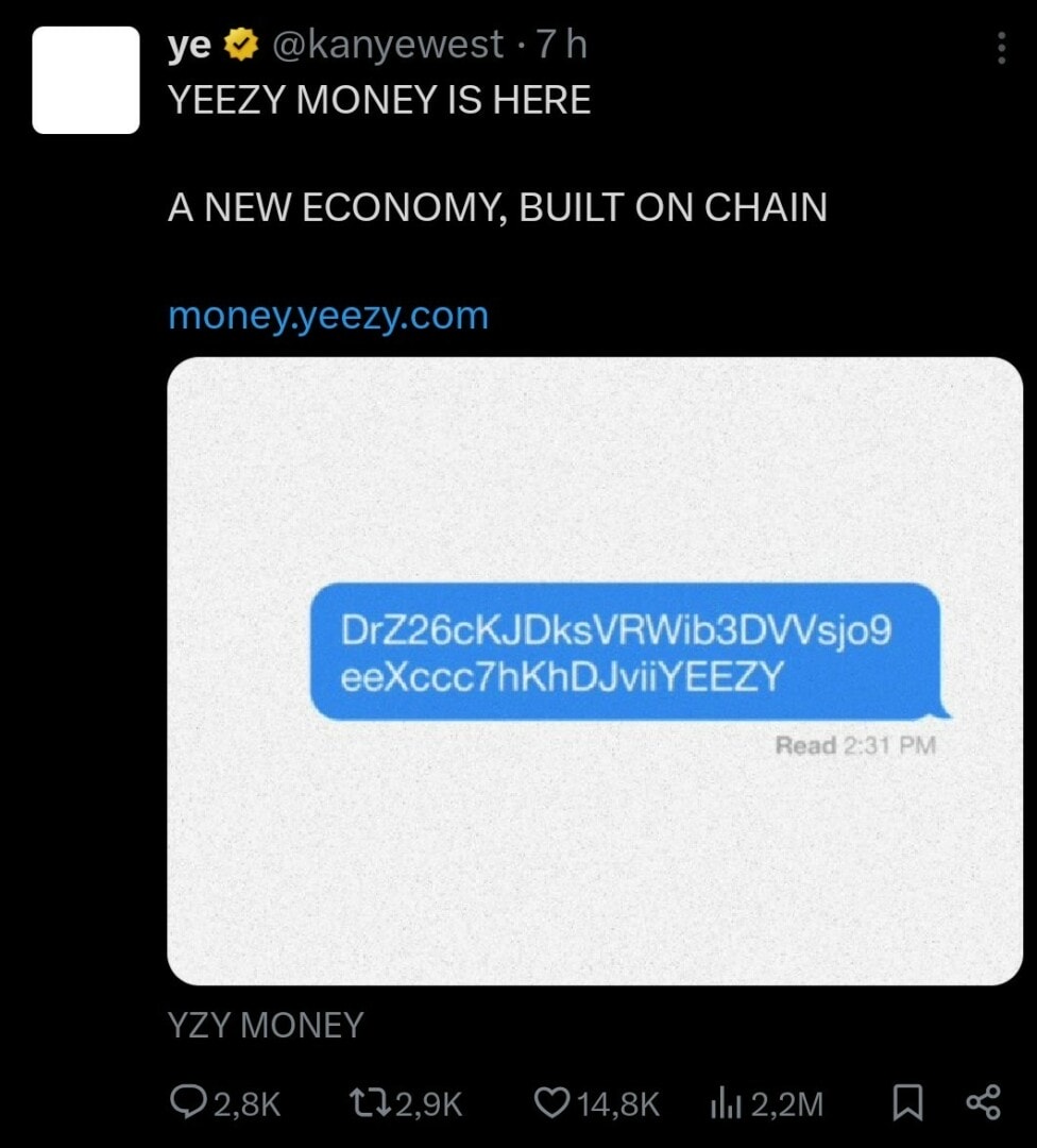 Le rappeur Kanye West, alias Ye, vient de lancer son propre memecoin, le YZY, sur la blockchain Solana. Ce jeton a été annoncé via son compte X officiel et a rapidement attiré l’attention du public. Avec une capitalisation boursière qui a brièvement dépassé les 3 milliards de dollars, le YZY s’est imposé comme l’un des memecoins les plus en vogue du moment