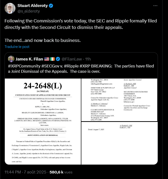 Dans un document judiciaire publié aujourd’hui, la Court of Appeals for the Second Circuit a annoncé qu’elle mettait fin à la procédure d’appel dans l’affaire qui oppose la Securities and Exchange Commission (SEC) à Ripple Labs. La justice précise que chaque partie devra supporter ses propres frais de procédure.