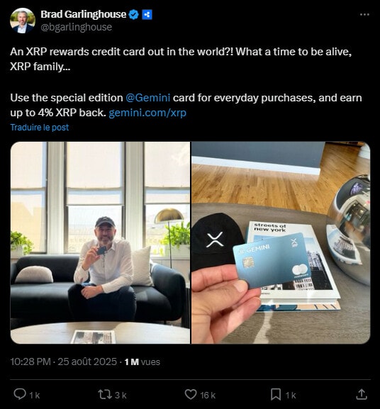 Le jeton de Ripple fait partie des jetons historiques de l'écosystème crypto et la plateforme Gemini a décidé de surfer sur sa popularité avec le lancement d'une carte de paiement qui offre des récompenses en XRP. Cette initiative semble d’ailleurs rencontrer un franc succès, puisqu'elle a permis à la plateforme des frères Winklevoss de dépasser Coinbase dans le classement des applications financières de l’App Store d’Apple.