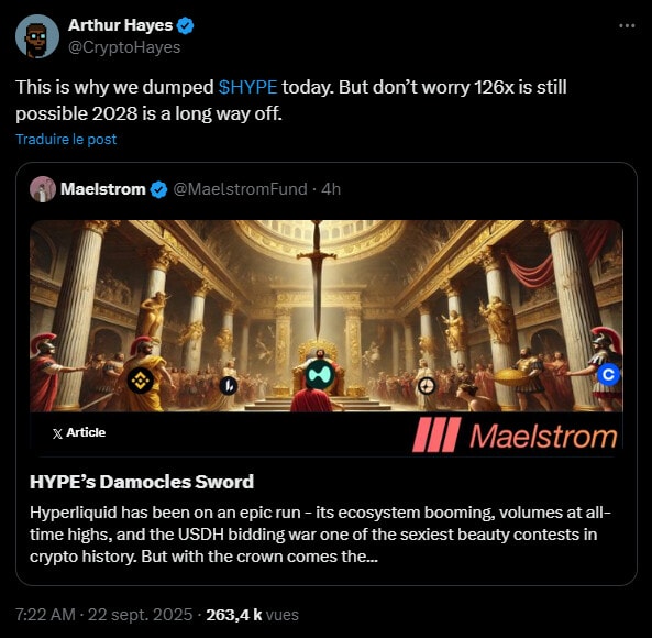 Un mois seulement après avoir prédit que le jeton pourrait augmenter de 126x au cours des trois prochaines années, Arthur Hayes, le cofondateur de BitMEX a surpris la communauté crypto en annonçant qu’il avait vendu l’intégralité de ses tokens HYPE. La raison de cette vente rapide ? Une Ferrari Testarossa ! Retour sur une polémique comme seule la crypto peut en offrir.