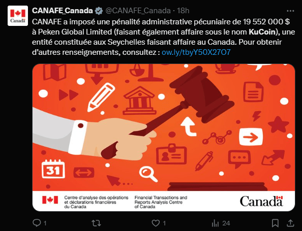 La plateforme crypto KuCoin vient de se faire taper sur les doigts par le régulateur financier canadien, le Centre d’analyse des opérations et déclarations financières du Canada (CANAFE). En cause ? Des manquements aux lois anti-blanchiment d’argent et contre le financement du terrorisme. Résultat : une amende importante de 19,5 millions de dollars canadiens, soit environ 14 millions de dollars américains.