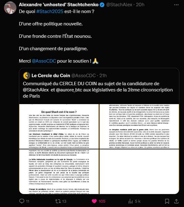Une nouvelle candidature parlementaire à Paris attire l'attention sur la scène politique française. Alexandre Stachtchenko, une figure bien connue du secteur des cryptomonnaies, se présente à la députation dans le cadre d'une élection législative partielle. Son profil d'entrepreneur, ayant fondé une société de conseil spécialisée dans les cryptomonnaies avant de rejoindre un acteur majeur du secteur, symbolise une nouvelle étape pour ce mouvement : celle de son entrée dans l'arène politique et le débat public.