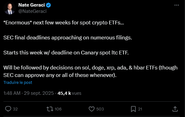 Il se pourrait que l'on soit sur le point de vivre un mois d'octobre potentiellement historique, marqué par un afflux de nouveaux fonds négociés en bourse (ETF) sur des actifs numériques. La Security and Exchange Commission (SEC) doit en effet rendre ses décisions finales sur pas moins de 16 ETF dédiés à des cryptomonnaies, une période qualifiée d'« énorme » par les spécialistes du secteur qui se frottent déjà les mains. Ces approbations, si elles se concrétisent, pourraient modifier de manière significative le paysage de l'investissement dans les crypto, en offrant aux investisseurs un accès simplifié et réglementé à un éventail d'actifs numériques bien au-delà du Bitcoin et de l'Ethereum
