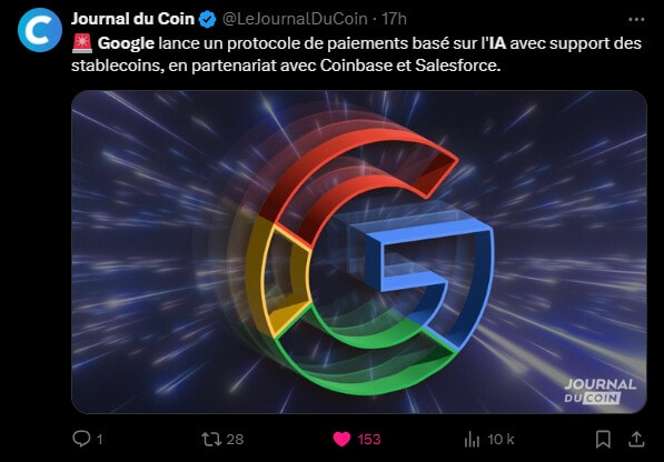 Le géant de la technologie Google continue de faire parler de lui dans la cryptosphère. Après avoir annoncé fin août le lancement de sa solution de paiement nommée Google Cloud Universal Ledger, l’entreprise dévoile aujourd’hui un nouveau protocole de paiement destiné à faciliter les transactions entre applications d’intelligence artificielle (IA). Ce protocole open-source ne se limite pas aux paiements traditionnels par cartes de crédit et de débit, mais inclut également le support des stablecoins.