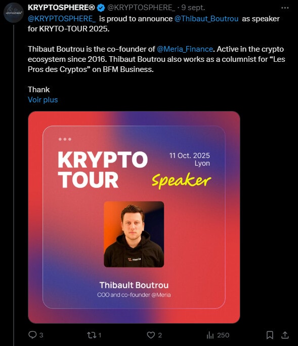 La 4ᵉ édition du KRYPTO-TOUR, événement organisé par KRYPTOSPHERE, une association étudiante spécialisée dans la blockchain, se tiendra le 11 octobre 2025 à Lyon. Prévu pour se dérouler au H7, cet événement a pour objectif de servir de point de rencontre entre les mondes de la finance traditionnelle et de la technologie Web3. Après une édition précédente à Lyon qui a attiré plus de 500 participants, l'événement de cette année se positionne avec une ambition accrue, visant à rassembler un public plus large.