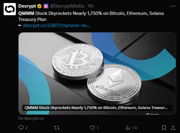 Le cours de l’action de QMMM Holdings a explosé à la hausse, après que cette société basée à Hong Kong ait annoncé son expansion dans les solutions basées sur l’intelligence artificielle (IA) et la blockchain. La société envisage également de constituer une trésorerie diversifiée en cryptomonnaies, avec un accent particulier sur le Bitcoin (BTC), l’Ether (ETH) et Solana (SOL). Cette annonce a entraîné une augmentation spectaculaire du cours de l’action sur le Nasdaq.