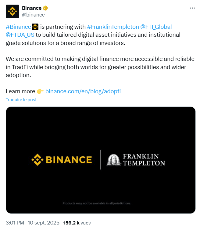 Binance et Franklin Templeton s’associent pour accélérer la tokenisation et la fusion entre crypto et finance traditionnelle.