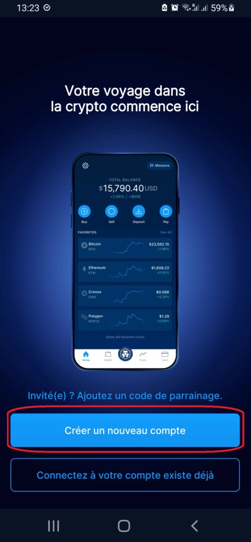 Création de compte sur Crypto.com