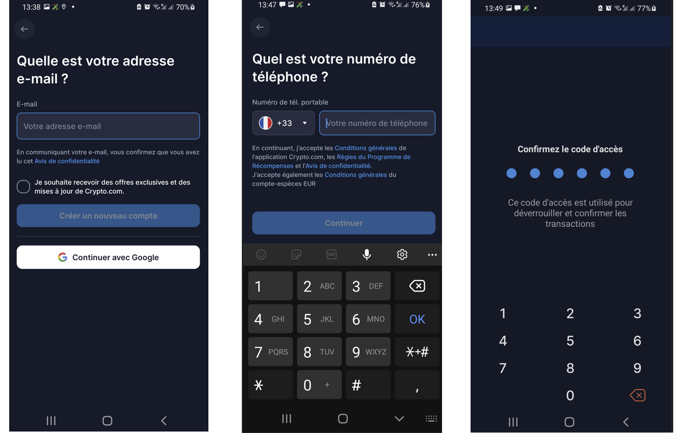Création de compte sur Crypto.com