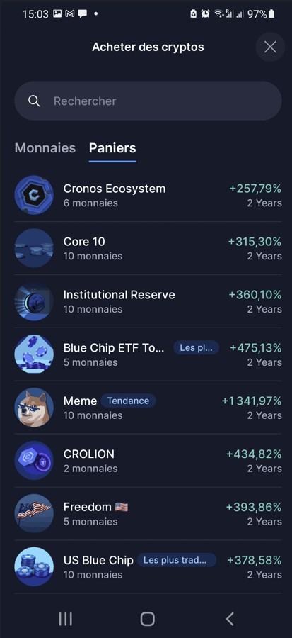 Paniers de jetons proposés par Crypto.com