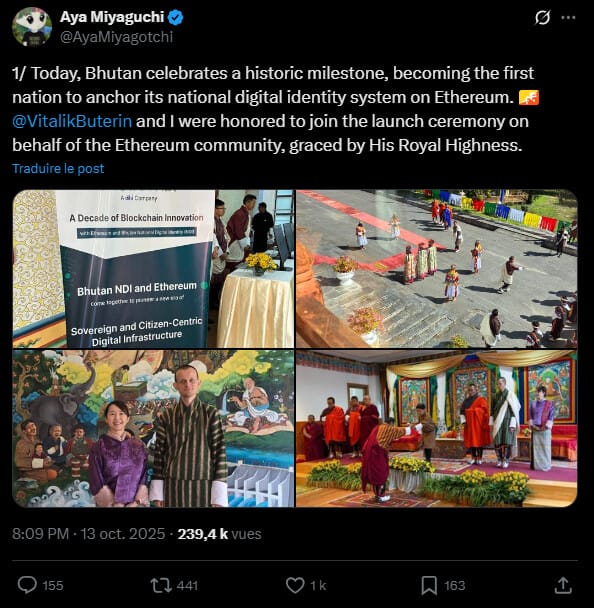 Le Bhoutan, petit royaume niché dans l’Himalaya, continue de surprendre le monde avec ses initiatives autour de la crypto. Après avoir investi massivement dans le bitcoin et dans le minage, le pays annonce maintenant la migration de son système d’identité numérique nationale vers Ethereum. Cette décision marque une étape importante dans l’adoption des technologies blockchain pour des applications gouvernementales critiques. 