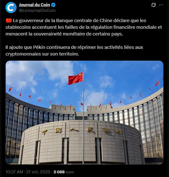 On est habitué aux déclarations tantôt positives, tantôt négatives de la Chine à propos de Bitcoin et de la crypto. Et malgré les nombreuses expérimentations dans le secteur menées à Hong Kong, les autorités centrales semblent vouloir maintenir leurs positions hostiles maintes fois exprimées. Cette fois, c'est le gouverneur de la banque centrale chinoise vient de déclarer que son institution continuera de lutter contre la spéculation et les stablecoins pour préserver « l'ordre économique et financier ».
