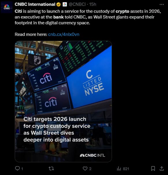 Les banques américaines passent à la cryptomonnaie les unes après les autres et aujourd'hui, c'est Citi qui vient de l'annoncer. Après Morgan Stanley qui ouvre les ETF à ses clients, JPMorgan qui facilite l'achat pour ses clients ou Bank of America qui veut lancer son propre stablecoin, c'est une autre pointure du secteur bancaire US qui se penche désormais sur un service de garde crypto.