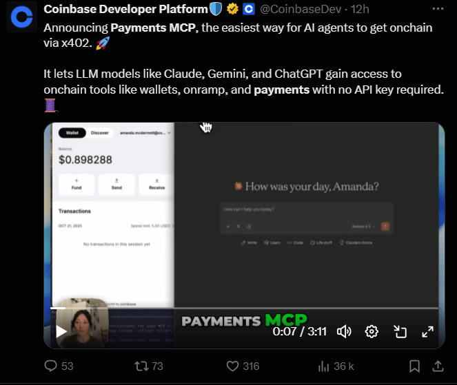 On sait que la recherche autour des paiements autonomes d'agent IA avance vite et Coinbase se positionne comme un acteur sérieux dans le domaine. La société de Brian Armstron vient ainsi d'annoncer le lancement de Payments MCP, un nouvel outil qui permet aux différents modèles d'IA d’agir directement dans l’économie en ligne — payer, recevoir et gérer des transactions — simplement via le langage naturel.