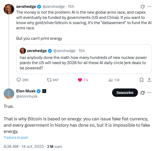 Elon Musk vante les qualités de Bitcoin par rapport aux monnaies inflationnistes des États.