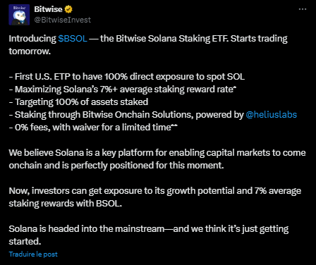 Alors que les ETF Bitcoin et Ethereum ont été approuvés par la SEC en janvier 2024, les émetteurs de ces produits négociés en bourse continuent de surfer sur la vague. De nombreux ETF basés sur des cryptomonnaies sont en passe d’être listés et après Litecoin (LTC) et Hedera (HBAR) par Canary Capital, c’est au tour de Solana (SOL) d'avoir les faveurs d'un ETF proposé par Bitwise. Les altcoins entrent à Wall Street par la grande porte. 