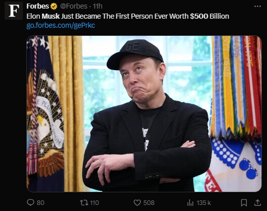 Si l’on en croit les estimations du magazine Forbes, Elon Musk viendrait d’atteindre un nouveau record. Le fantasque milliardaire est désormais le premier homme de l’Histoire à atteindre une fortune personnelle de 500 milliards de dollars. Il faut dire que les actions de Tesla ont récemment atteint de nouveaux sommets, et qu’Elon Musk est aussi très bien placé pour profiter du succès de SpaceX, The Boring Company et Neuralink.