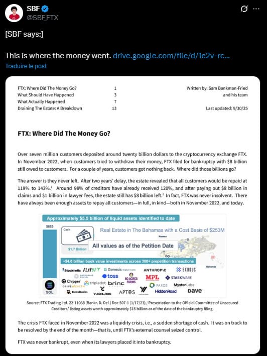 Alors que le fondateur de FTX purge une peine de 25 ans de prison, il continue de clamer son innocence et de rejeter la faute sur les autres. Dans un document publié récemment, Sam Bankman-Fried affirme que FTX et Alameda Research n’étaient pas insolvables et que les fonds des clients auraient pu être remboursés si l’équipe de gestion de la faillite n’avait pas, selon lui, « anéanti » l’entreprise. Il accuse également les avocats de la faillite et le nouveau PDG, John J. Ray III, d’avoir pris le contrôle de l’entreprise et de l’avoir dirigée vers une procédure de faillite inutile. La parole est (encore) à la défense.