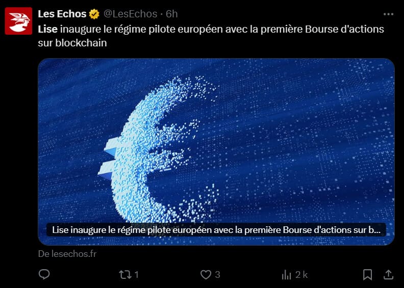 La société française Lise a annoncé ce 16 octobre 2025 qu’elle venait d’obtenir une licence DLT TSS de la part de l’ACPR. Cette autorisation fait de Lise la première entreprise en Europe à pouvoir opérer une bourse entièrement basée sur la blockchain, et donc à pouvoir proposer des actions tokenisées.
Cette nouvelle place de marché dédiée aux petites et moyennes entreprises (PME) françaises devrait faciliter leur accès au financement, tout en offrant aux investisseurs une exposition plus simple et transparente à ces sociétés de croissance.