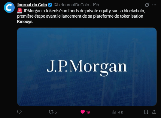  La tokenisation est sans aucun doute l’une des grandes tendances de la cryptomonnaie et le principe est simple : il s’agit de créer une représentation numérique d’un actif réel sur la blockchain. Cela permet notamment d’améliorer l’accessibilité et la liquidité de ces actifs, et alors que de nombreuses entreprises se sont lancées dans la tokenisation, c’est désormais au tour du géant JPMorgan de passer à la vitesse supérieur après plusieurs déclarations d'intention