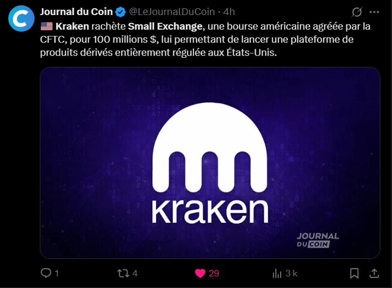 Kraken continue son expansion et après avoir acquis NinjaTrader en mars 2025, la plateforme vient d’annoncer l’achat de Small Exchange pour 100 millions de dollars. Ce nouveau mouvement stratégique vise à renforcer la position de l'exchange de Jesse Powell sur le marché américain des produits dérivés, une étape cruciale alors que la plateforme se prépare à une éventuelle introduction en bourse.