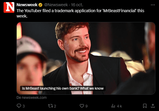 Le célèbre YouTuber Jimmy Donaldson, alias MrBeast, pourrait étendre son empire médiatique et commercial en s'aventurant dans le secteur financier. Selon des données de dépôt, la star des réseaux sociaux aurait déposé une demande de marque pour une application de services bancaires mobile incluant la crypto, ce qui marquerait une nouvelle étape majeure dans la diversification de ses activités. Voici ce que l'on sait de cette affaire plutôt surprenante.