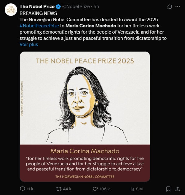 L'année dernière, nous mettions en lumière le combat de l'opposante vénézuélienne María Corina Machado et son rôle dans la promotion du Bitcoin comme une « ligne de vie » essentielle face à l'hyperinflation et la répression. Aujourd'hui, son engagement acharné en faveur d'une transition démocratique au Venezuela vient d'être couronné par une reconnaissance internationale majeure : elle est la lauréate du prix Nobel de la Paix 2025. Retour sur son parcours inspirant.
