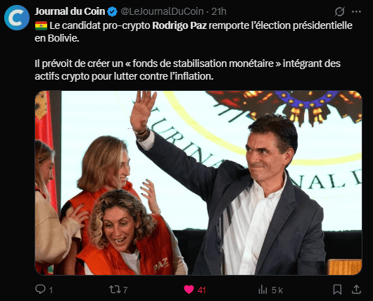 La Bolivie continue son aventure crypto avec un nouveau président fraichement élu qui prendra ses fonctions le 8 novembre prochain. Rodrigo Paz envisage ainsi d’utiliser les technologies blockchain pour gérer les marchés publics et lutter contre la corruption dans le pays. Cette initiative s’inscrit dans un contexte économique difficile marqué par des pénuries de carburant et une rareté du dollar américain.