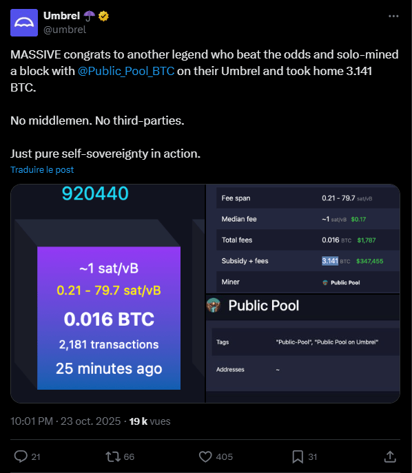 Le minage de Bitcoin est une activité qui nécessite du matériel de pointe et une importante quantité d’électricité, et c'est pourquoi elle est principalement dominée par de grandes entreprises spécialisées en la matière. Néanmoins, certains mineurs en solo continuent de tenter leur chance, et régulièrement, cela paye.