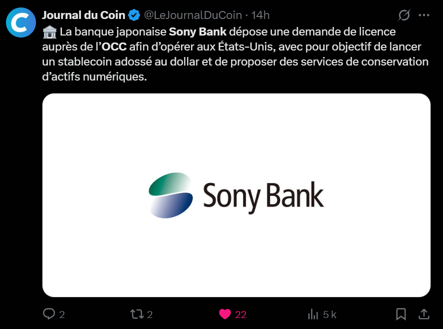 Depuis le vote du GENIUS Act au mois d’août dernier, les stablecoins adossés au dollar sont devenus le nouveau terrain de jeu des entreprises et des banques. Ainsi, après JP Morgan, Goldman Sachs ou encore Visa, c’est au tour de Sony de dévoiler ses plans pour le marché des stablecoins.